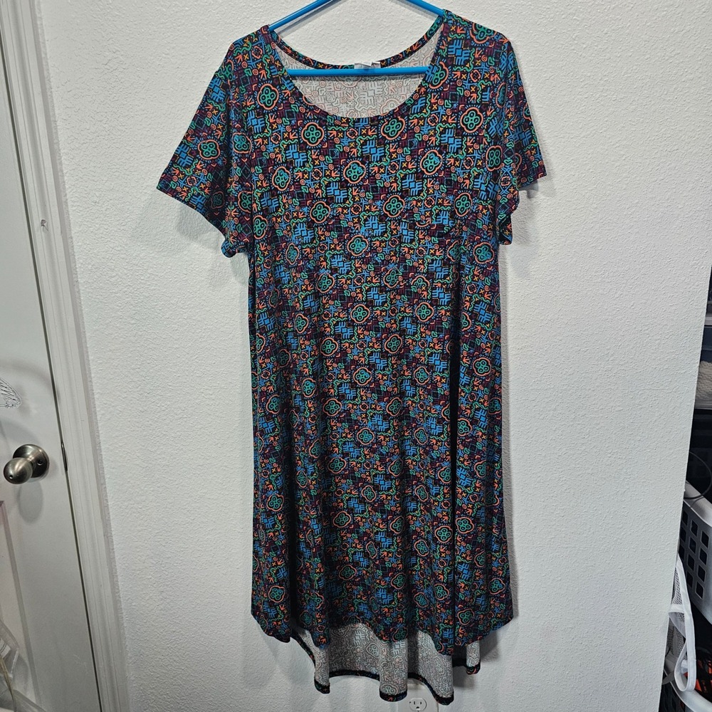LuLaRoe Carly Dress XL Womens Multi Color Geometric Tribal Print High Low Hem